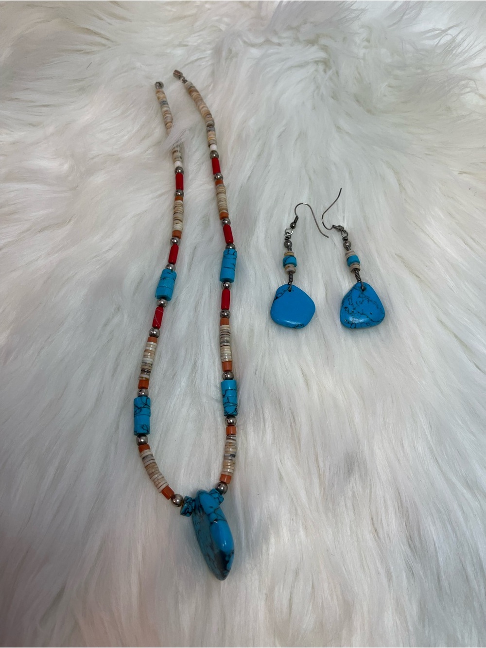 Turquoise Stone Bead Necklace with Matching Earrings - Blue